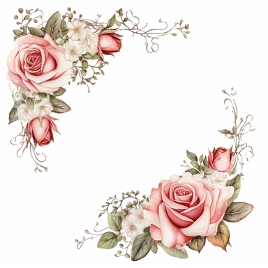roses with babies breath, page border style, white background, clipart, watercolor, vintage--q2