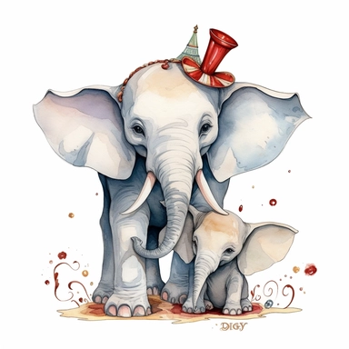 hand drawn Disney’s dumbo the baby elephant, oversized ears, loving his mother, 1920’s circus, glamorous, very detailed and realistic, watercolor, clipart style, white background with margins