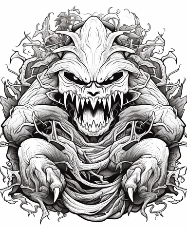 clean black and white coloring page of coconut monster, predator style crisp lines white backgrount no fill, only black marker, low detail vector, clipart,