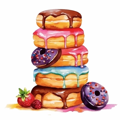 a tempting watercolor painting of a stack of chocolate donuts with different flavors and toppings, showcasing their delicious textures and vibrant colors, 8k, HD, watercolor clipart, With white background for removing, no text on image