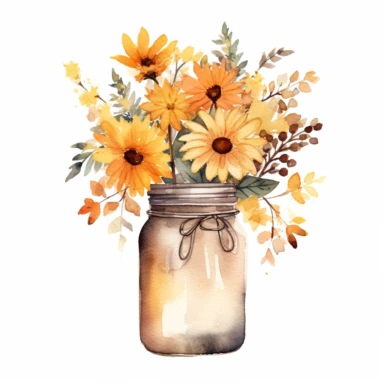 basic watercolor fall leaves and flowers in a jar in minimal hand drawn style, Etsy, textured, clipart, white background