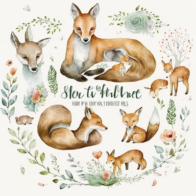 Mother's Love and cute Baby Animals watercolor forest clipart. Forest Moms Love and little Animals set of high quality hand painted flora and fauna illustrations, clipart set includes hand drawn watercolor elements, with white background, Mother and baby woodland animals, mother deer and fawn, mother squirrel and baby squirrel, mother rabbit with bunny, mother bear and bear cub, mother fox with fox cub