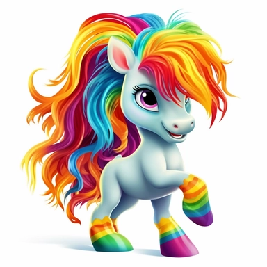 a cartoon beautiful horse, rainbow color hair and tail, dancing, full body image, clipart, white background
