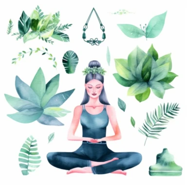 a set of high quality hand painted magical themed watercolour Yoga transparent clipart which includes illustrations of exercising women, fresh green plants, mindful lifestyle elements and others, modernistic design, fun mood, stylish, magazine style ad, ultra high quality. 8K
