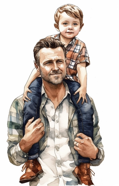 DESIGN A MAGNIFICENT AND EXQUISITE BREATHTAKING ONE-OF-A-KIND HIGH QUALITY HIGHLY DETAILED MASTERPIECE WATERCOLOR CLIPART ILLUSTRATION OF A man carrying his son up on his shoulders, in the style of digital painting and drawing, celebrity portraits with personality, animated gifs, watercolor, commission for, dark gray and light brown, celebrity-portraits, ULTRA REALISTIC, WHITE BACKGROUND, NO FONT, NO TEXT, NO WORDS, NO WATERMARK