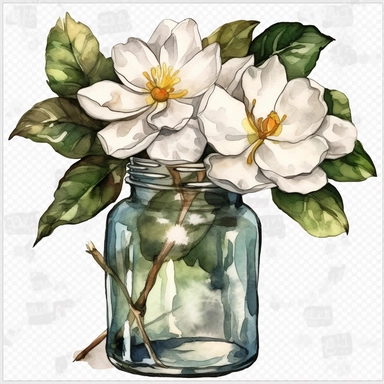 A bunch of gardenia in a glass jar no water mark, water colour clipart