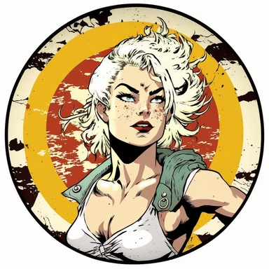 platinum blonde bohemian grunge young woman Super Saiyan, handpainted enamel, clipart illustration, circle white background, circular compound design border
