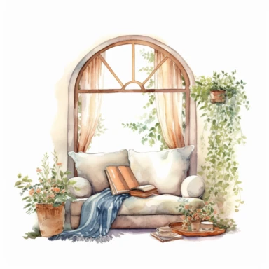 cozy window reading corner watercolor clipart, make it be nighttime, white background