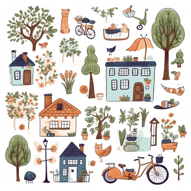 cute small houses, garden flowers and trees,cat, dog,bench, flower pots, fench,bycycle, house keys,postbox,birds,cute bettle car,outdoor lamps cliparts in hand drawn vector illustration on white background.