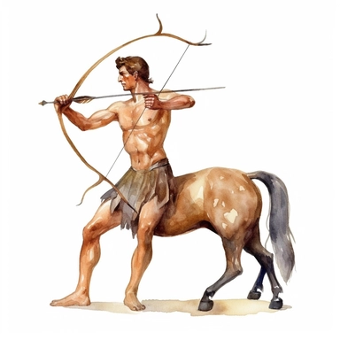 A clipart of a centaur with a bow and arrow, painted in watercolor style, designed on a white background.