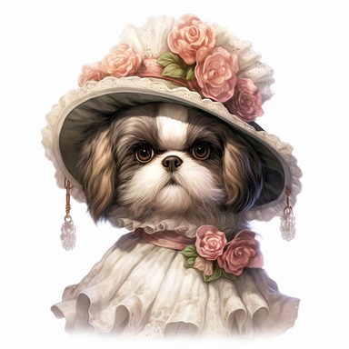 Exquisite Shih Tzu wearing a Victorian-style lace bonnet and a delicate ruffled collar, adding a touch of Victorian charm to its already adorable appearance. Against the clean white backdrop, this well-attired pup is a delightful sight to behold. Clipart, watercolor, white background, intricate detail, unreal engine cinematic smooth. Realistic rendering