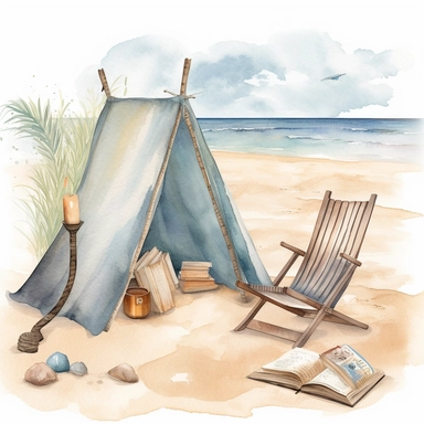 Beach Reading Nook clipart, Coastal Reading Corner, Beach Boho, watercolour style, by the beach
