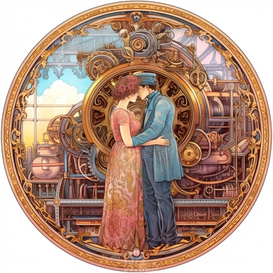 In the enchanting presence of a steampunk steam train, a couple's first kiss takes place, framed by the intricate gearwork and brass accents that adorn the classic locomotive, their love intertwined with the spirit of adventure. Ultra high quality, intricate detail, retro - futurism, pastel clipart, white background