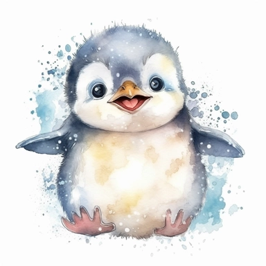 a delightful watercolor clipart image with a white background, portraying a smiling baby penguin, its chubby body and beaming expression adding a touch of cuteness and happiness.
