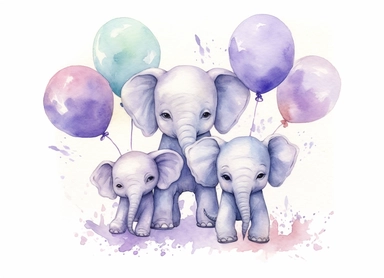 watercolor cute little baby elephants and balloons, in the style of light silver and light purple, victorian-inspired illustrations, nature-inspired pieces, playful arrangements, plush doll art, elaborate borders, high resolution, clipart, white background