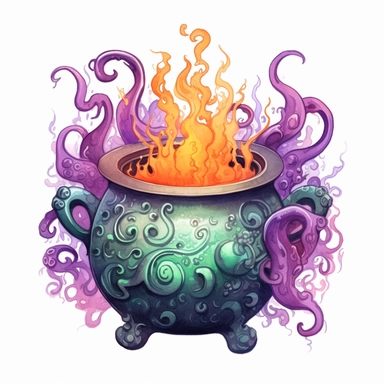 hand drawn black cauldron with bubbling potion, large bone in the cauldron, an octopus tentacle coming out of cauldron and hanging on the side, Halloween, purple orange and green shades, fantasy, glamorous, clipart style, detailed and realistic, watercolor, white background with margins