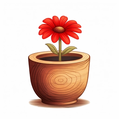 Red Flower inside a brown wood Pot Clipart in the style of oil painting, clean lines on a white background