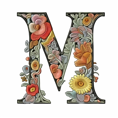 Floral Machine Embroidery, detailed illustration, clipart, white background, letter M