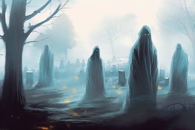 realistic clipart ghosts in foggy enchanted cemetery, digital painting