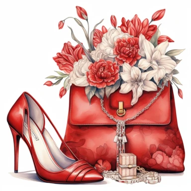 watercolor clipart of vintage red and white two high-heeled shoes and a small handbag, floral, color pencil drawing, nice composition, vector, outline, isolated white background, 16k