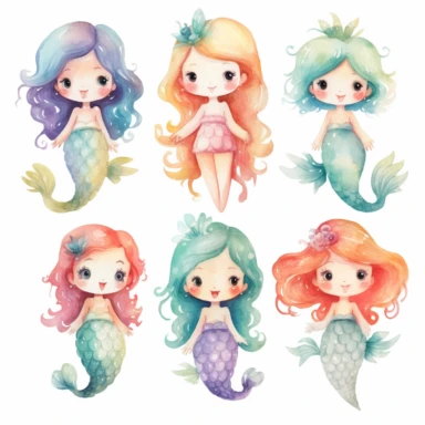 very simple watercolour childrens book style drawing of different isolated happy cute mermaids , pastel colours soft on white background for clipart, 8k