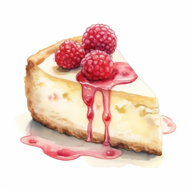 This highly detailed watercolor clipart depicts a heavenly White Chocolate Raspberry Cheesecake on a pristine white background. The artwork showcases the luxurious combination of creamy white chocolate and tart raspberries. The cheesecake is exquisitely rendered with intricate brushstrokes, highlighting its velvety texture and rich flavor. Plump raspberries add a vibrant burst of color, enhancing the visual appeal. Against the clean white backdrop, this clipart exudes an irresistible allure, mak