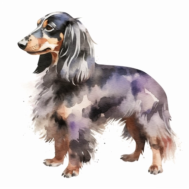 watercolor single clipart of a black and white long haired dachshund seen in profile