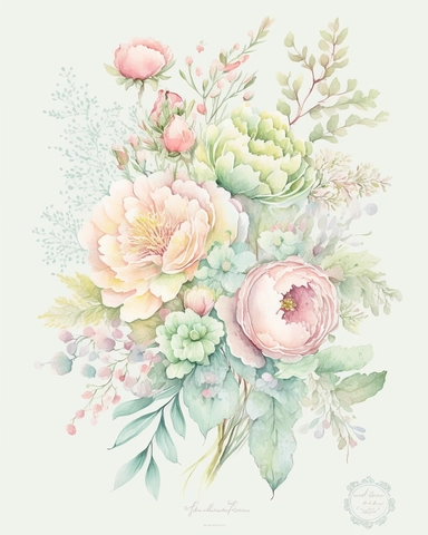 soft colorful pastel colored floral arrangement clipart, soft and subtle, colorful fairy pastel colors watercolor style, fawncore, peonies and roses, pastel green, pink dreamy pastel, dreamy pastel colors, muted pastel colors, colorful dreamy pastel pink and pastel green colorful fairy pastel pink, plain white background, use of fabric, excellent depth of shading in soft watercolor style, watercolor artwork, plain white background for transparent editing