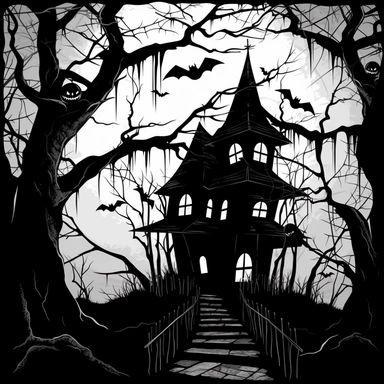 a haunted house, sihouettes of trees, spider webs and black spiders, clipart, cartoon style--q2--v5.1--1000