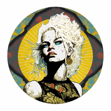platinum blonde Orientalism bohemian grunge young woman Super Saiyan, handpainted enamel, clipart illustration, circle white background, circular compound design border
