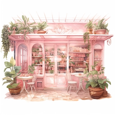 commercial shot of illumination of realistic vintage pink pastel french cozy cafe clipart, cute plants , french cafe, with plants plants, god rays, high quality, intricate design, clipart witchcore dreamcore cottagecore white background no text, isolated on white, ghibli style, award winning