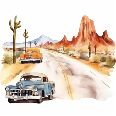 watercolor historic California Route 66 highway, illustration, clipart set, simple, , cartoon elements ,different variants , separate elements with a margin