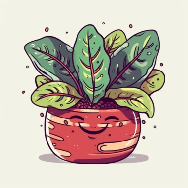 cute clipart icon of prayer plant in a pot, Maranta leuconeura, deep green, velvety leaves with yellow splotches down the midrib and arching red veins traveling to the leaf margins, smiling face inside the pot, kawaii, anime style, in white background, soft color blending, rounded