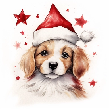 a small cute smiling puppy, wearing a Santa hat, color pencil sketch on a white background for clipart, small red and gold stars