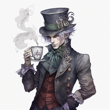 the mad hatter: a handsome young man with grey hair, dressed in a steampunk coat, wearing a mechanical huge top hat and holding a cup of tea. white background, clipart, watercolor style