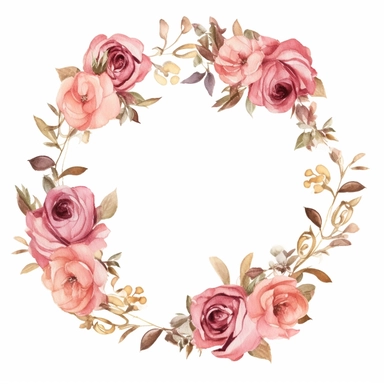 Clipart, watercolor dusty pink gold small roses wreath, hand painted, texture