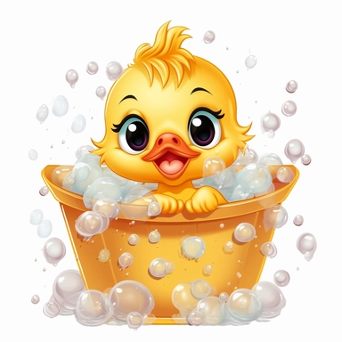 clipart, cute kawaii baby duck in a bathtub of full of bubbles, isolated on a white background, cartoon style, chibi style, vector, 3D, no shadows