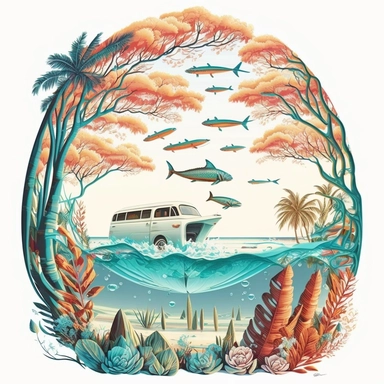 Imagine a captivating scene of a van gliding through a glassy wave, surfboards reflecting the vibrant colors of a coral reef below, with palm trees swaying in the gentle breeze against a pristine white canvas, illustration style, white background, clipart, PNG pure white background, high resolution, hyper detailed, best quality, high detailed illustration
