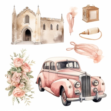 watercolor and pen wedding themed clipart, include bride and groom, vintage car, chapel, bouquet, high details, 8k,