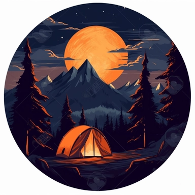 tent in the mountains, night time, moon, nature, clip art, illustration, clipart, camp fire, in a circle