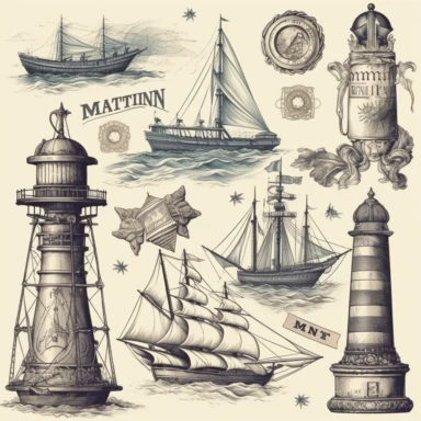 maritim symbols, vintage, clipart, 8k, high detail, white background