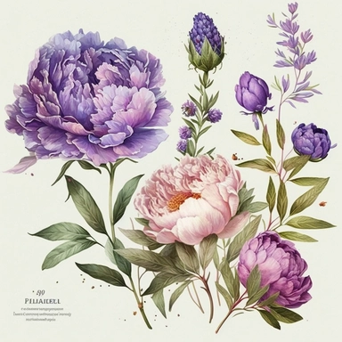 watercolor illustration, handpainting, Greeting card Birthday Flowers Peonies with lavender, Provence PNG, decoration, Hand-painted flowers transparent background PNG clipart, attention to detail,high quality, extremely detailed v 4, png on white background