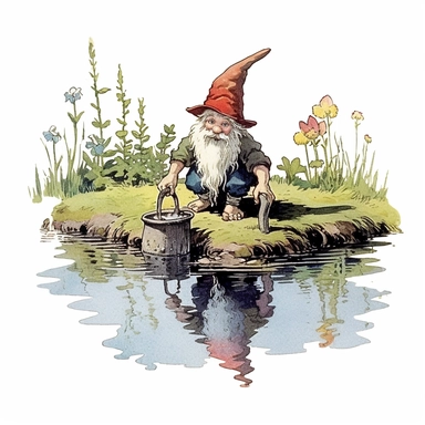 A garden gnome maintaining a small pond, cleaning the water, and caring for aquatic plants and fish. The design, reminiscent of vintage nature illustrations, showcases sharp lines that highlight the gnome's attentiveness to the pond's ecosystem and the dreamy ambiance. Sunshine, white background, style of Pierre-Joseph Redoute, as clipart, single design, sharp lines, dreamy.