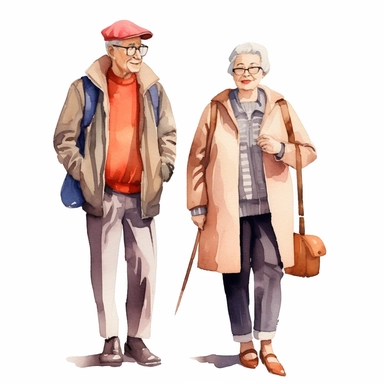 watercolor, Modern old people and senior couples set. Stylish elderly man and woman in fashion casual clothing. Happy aged person in a fashionable outfit. png Full body realistic cartoon in 32K UHD cute. 15 cm thick outline. Black color. There was no shadow on the ground. 8k with realistic watercolors and detailed illustrations. PNG clipart, transparent white background