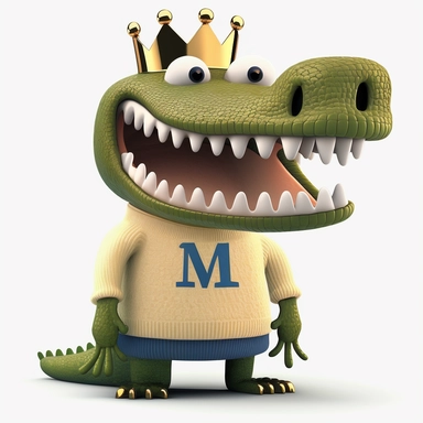 a fully standing smiling cartoon clipart alligator wearing a white turtle neck sweater with the letter M in the middle of the sweater-wearing a large gold crown on a white background