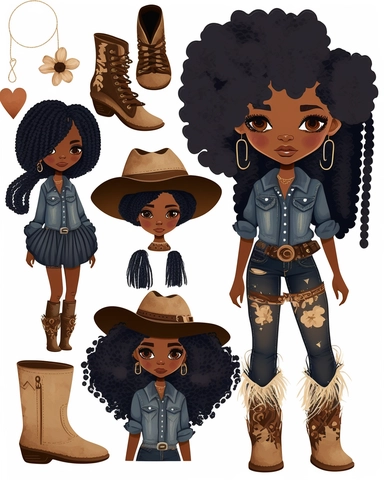 Denim girl clipart, cowboy hat, wearing black knee high boots, Denim clipart, Fashion girl clipart, Jeans Girl Clipart, African American clipart, Afro girls clipart--seed 2829693263,