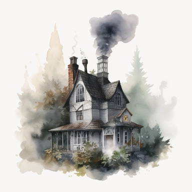 watercolor, hyper realistic, white background, white margins, 16k, ultra detailed clipart, cut out image, hand-drawn, whimsical a spooky-looking cottage in the heart of a dark forest with wispy smoke rising from its chimney.