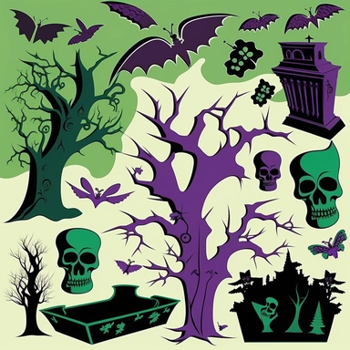 clipart model sheet of various psychobilly elements of design like dead trees, bats, coffins, that would fit in a psychobilly style Hawaiian pattern, using black, purple and green