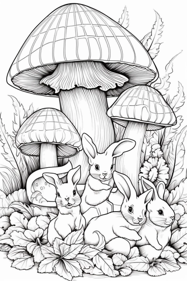 a mushroom with a wavy stem, with a family of rabbits eating nearby , clipart style of coloring book for children, super simple, thick, clear, lines, black and white, white background