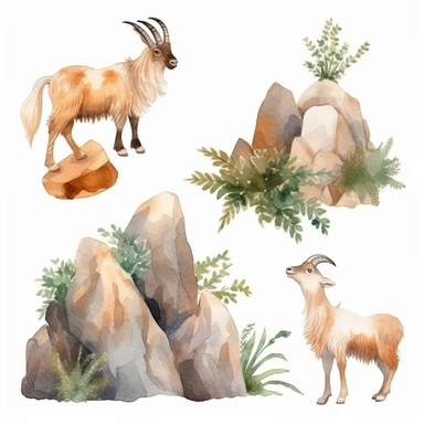 Watercolor wild goats climbing rocks in mountain , illustrations clipart set, simple , cartoon elements, rocks, bushes , different variants , , separate elements with a margin